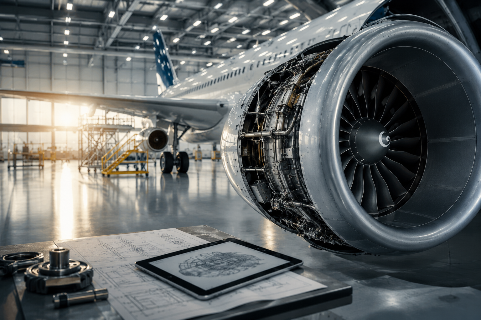 Aircraft engine and technical drawings in a hangar